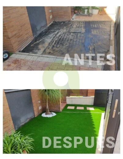 Antes y después de instalar césped artificial en un jardín