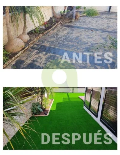 Antes y después de instalar césped artificial en un jardín