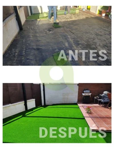 Antes y después de instalar césped artificial en un jardín
