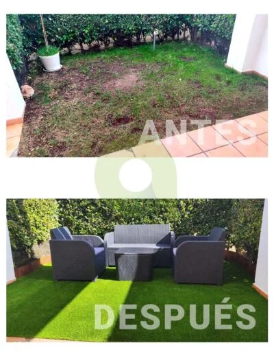 Antes y después de instalar césped artificial en un jardín