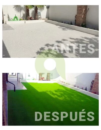 Antes y después de instalar césped artificial en un jardín