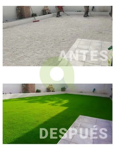 Antes y después de instalar césped artificial en un jardín