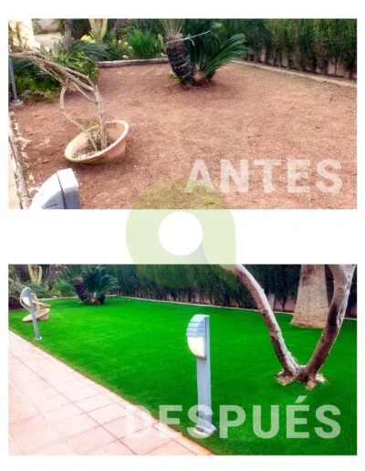 Antes y después de instalar césped artificial en un jardín