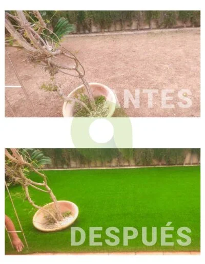 Antes y después de instalar césped artificial en un jardín