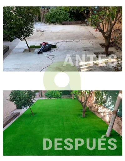 Antes y después de instalar césped artificial en un jardín