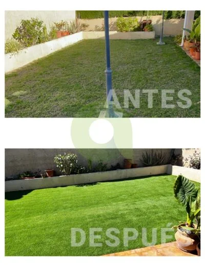 Antes y después de instalar césped artificial en un jardín