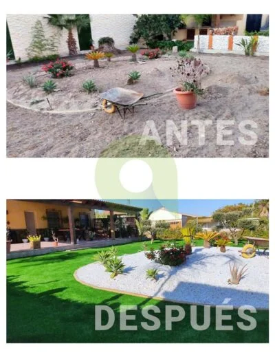 Antes y después de instalar césped artificial en un jardín