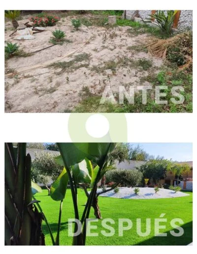Antes y después de instalar césped artificial en un jardín