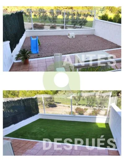 Antes y después de instalar césped artificial en un jardín