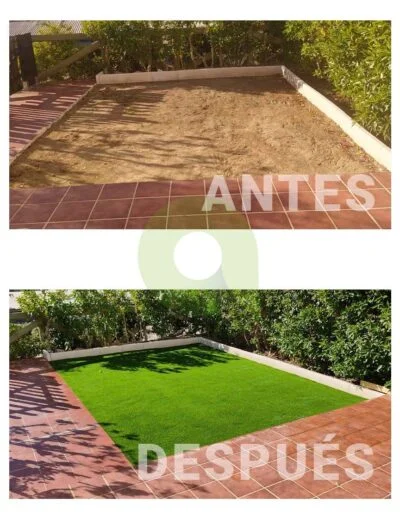 Antes y después de instalar césped artificial en un jardín