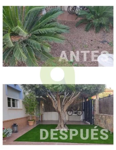 Antes y después de instalar césped artificial en un jardín
