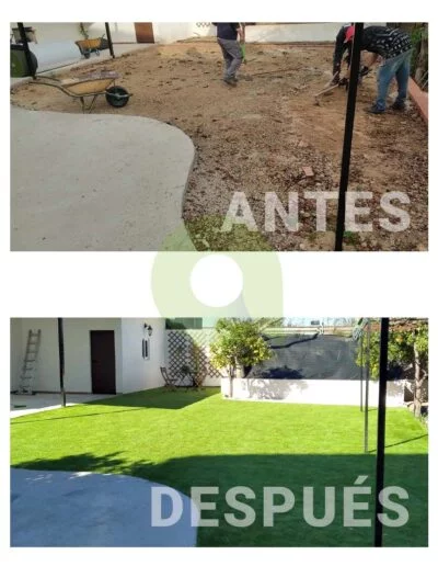 Antes y después de instalar césped artificial en un jardín
