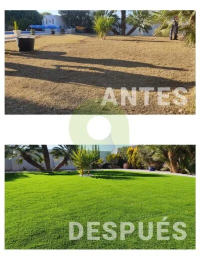 Antes y después de instalar césped artificial en un jardín