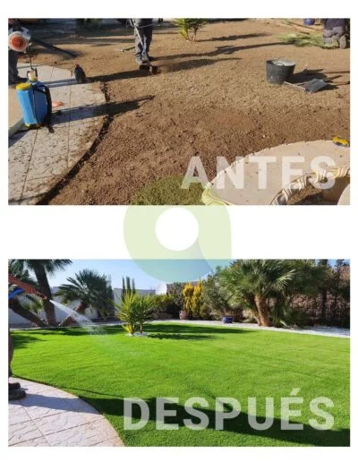 Antes y después de instalar césped artificial en un jardín