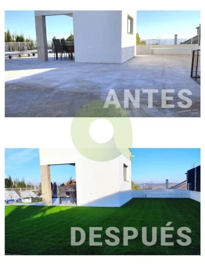 Antes y después de instalar césped artificial en un jardín