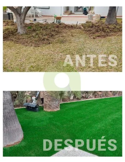 Antes y después de instalar césped artificial en un jardín