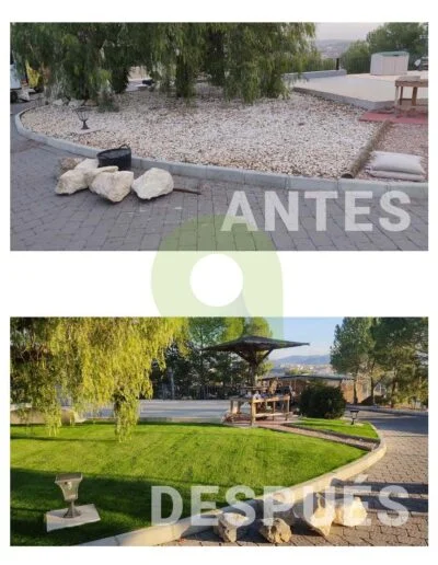 Antes y después de instalar césped artificial en un jardín