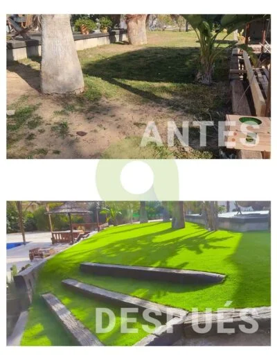 Antes y después de instalar césped artificial en un jardín