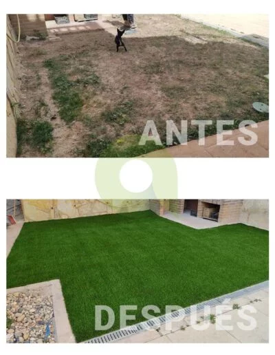 Antes y después de instalar césped artificial en un jardín