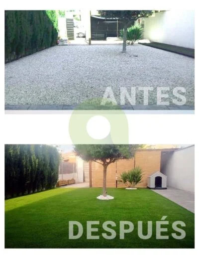 Antes y después de instalar césped artificial en un jardín