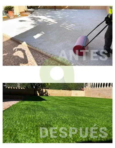 Antes y después de instalar césped artificial en un jardín