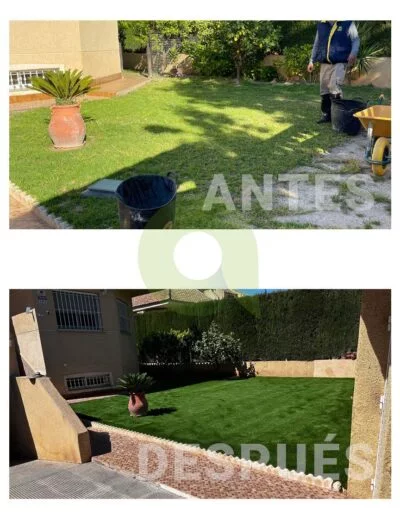 Antes y después de instalar césped artificial en un jardín