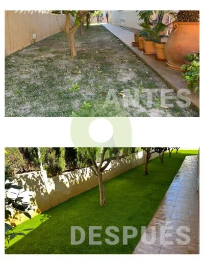 Antes y después de instalar césped artificial en un jardín