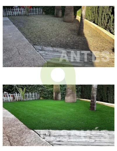 Antes y después de instalar césped artificial en un jardín