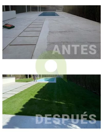 Antes y después de instalar césped artificial en un jardín