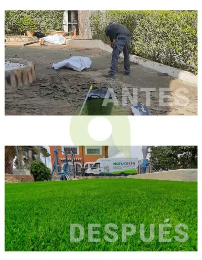 Antes y después de instalar césped artificial en un jardín