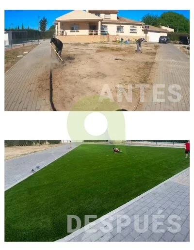 Antes y después de instalar césped artificial en un jardín