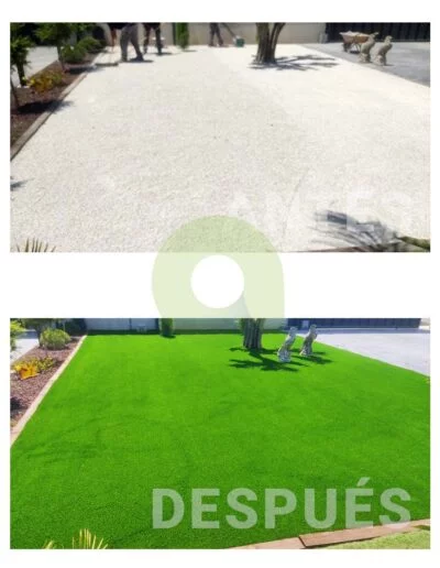 Antes y después de instalar césped artificial en un jardín
