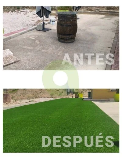 Antes y después de instalar césped artificial en un jardín