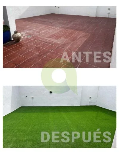 Antes y después de instalar césped artificial en un patio