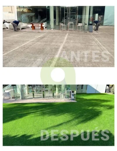 Antes y después de instalar césped artificial en un restaurante