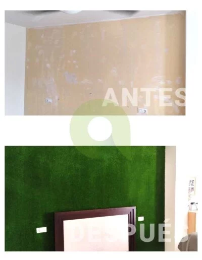 Antes y después de instalar césped artificial en una pared o fachada