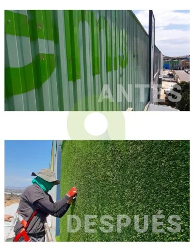 Antes y después de instalar césped artificial en una pared o fachada