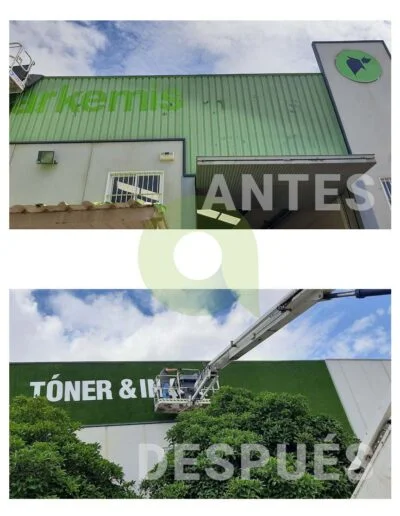Antes y después de instalar césped artificial en una pared o fachada
