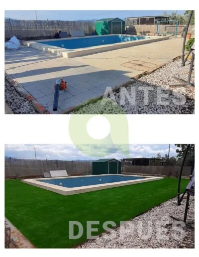 Antes y después de instalar césped artificial en una piscina