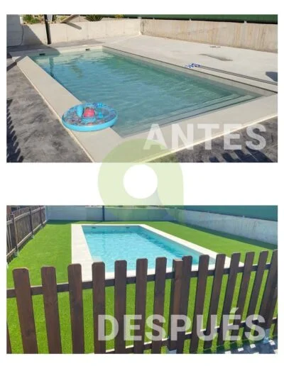 Antes y después de instalar césped artificial en una piscina