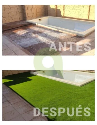Antes y después de instalar césped artificial en una piscina
