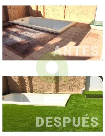 Antes y después de instalar césped artificial en una piscina