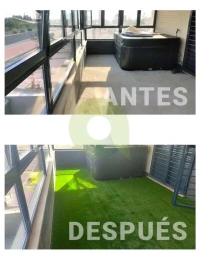 Antes y después de instalar césped artificial en una piscina