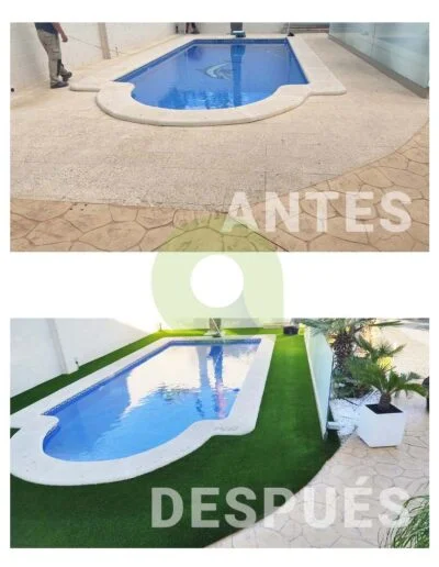Antes y después de instalar césped artificial en una piscina