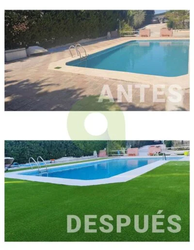 Antes y después de instalar césped artificial en una piscina