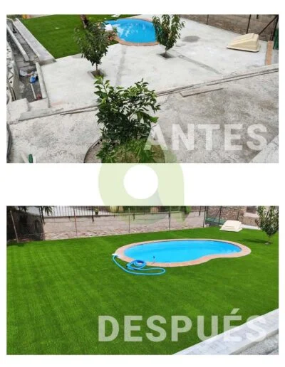 Antes y después de instalar césped artificial en una piscina