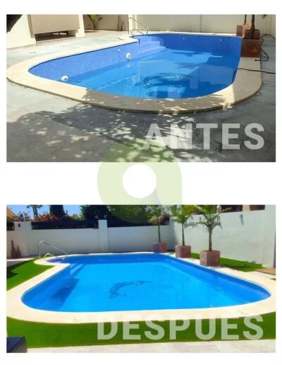 Antes y después de instalar césped artificial en una piscina