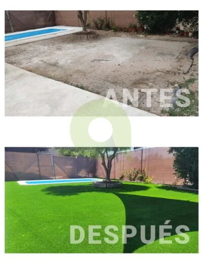Antes y después de instalar césped artificial en una piscina