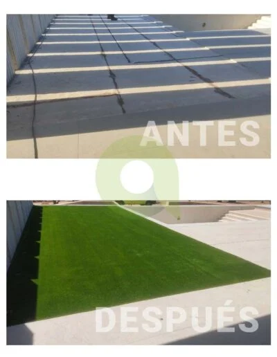 Antes y después de instalar césped artificial en una piscina