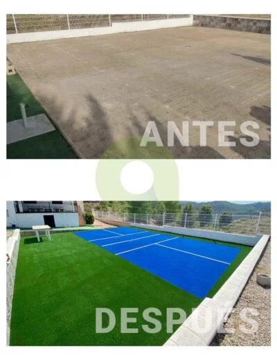 Antes y después de instalar césped artificial en una piscina